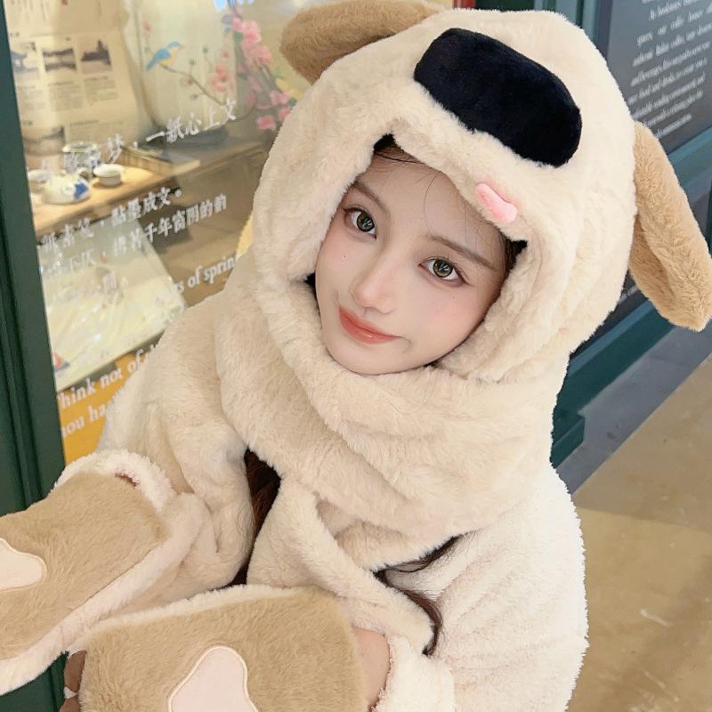 Cute big nose dog hat scarf integrated women's autumn and winter cycling windproof warm plush scarf hooded three-piece set