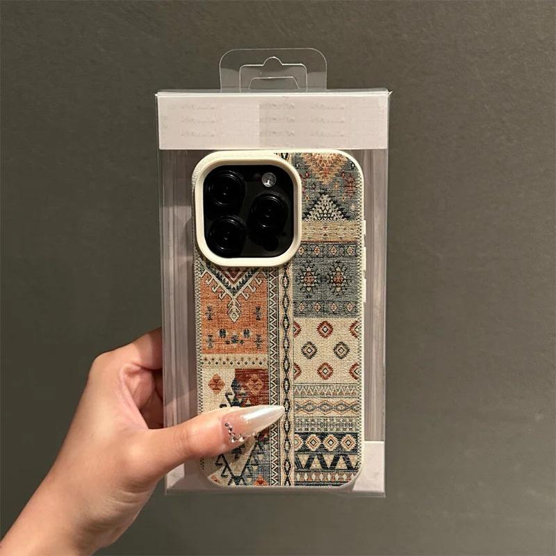 Ретро Бохо Геометрический Пэчворк Чехол для Телефона для Серии iPhone 17 16 15 14 13 12 11 Pro Max Plus Двойная Защита