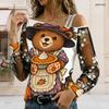 Women Plus Size Asymmetric Cold Shoulder Sheer Long Sleeve Cartoon Bear Pumpkin Printed T Shirt