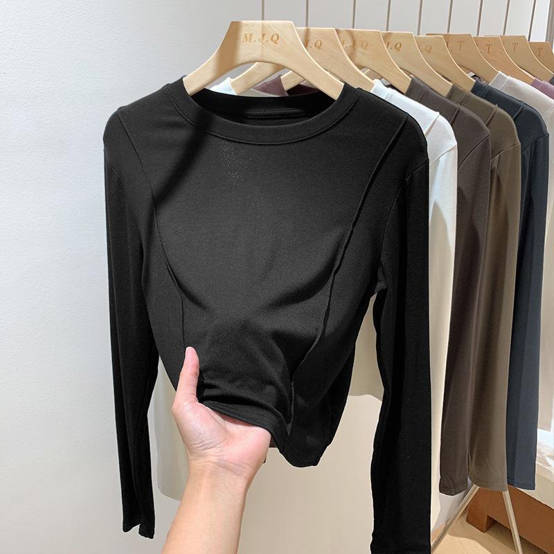 Футболка с длинными рукавами в европейском стиле с узором «рыбья кость» для женщин, осень и зима, новая облегающая рубашка с высокой внутренней талией и короткими рукавами