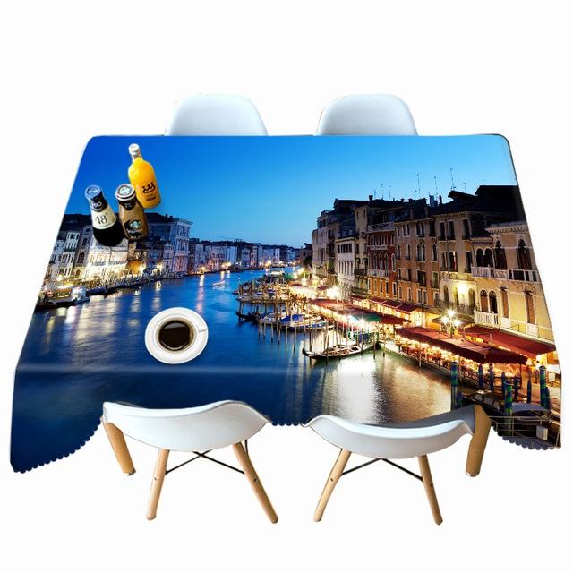Thicken Cotton Tablecloth Bay City View Night Lights Pattern Rectangular Round Table Cloth For Wedding Picnic Party