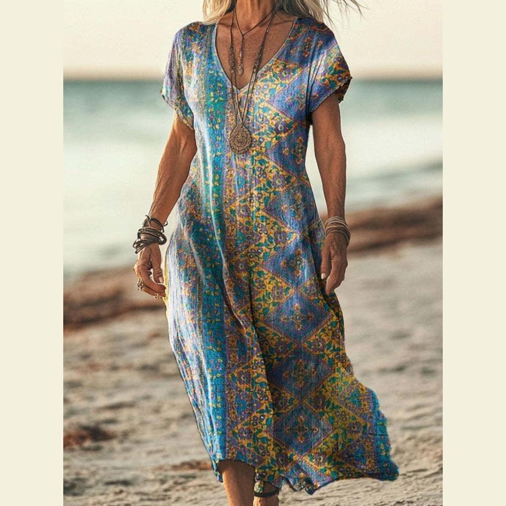 Bohemian Retro Print Raglan Sleeve Summer Maxi Dress