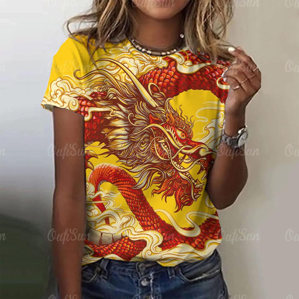Женская футболка с принтом 3D-дракона в китайском стиле, новый пуловер для женщин с круглым вырезом, повседневный короткий рукав, 2024, модные уличные топы