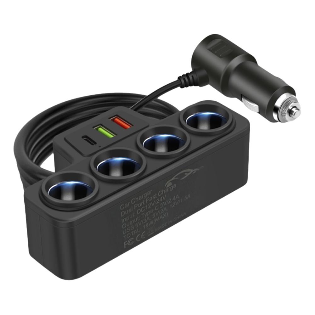 Разветвитель прикуривателя автомобиля QC3.0+PD 3.1A 12В-24В Адаптер питания для телефона 4 гнезда 18 Вт Разветвитель гнезда прикуривателя автомобиля