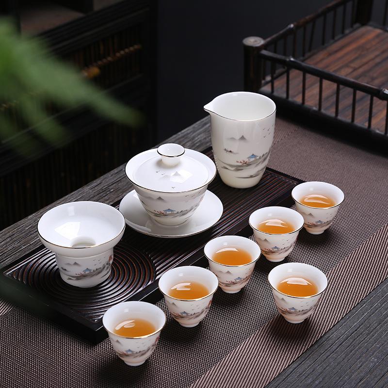 Ceramic white suet jade porcelain kung fu tea set for home use, business company event gifts, Guochao