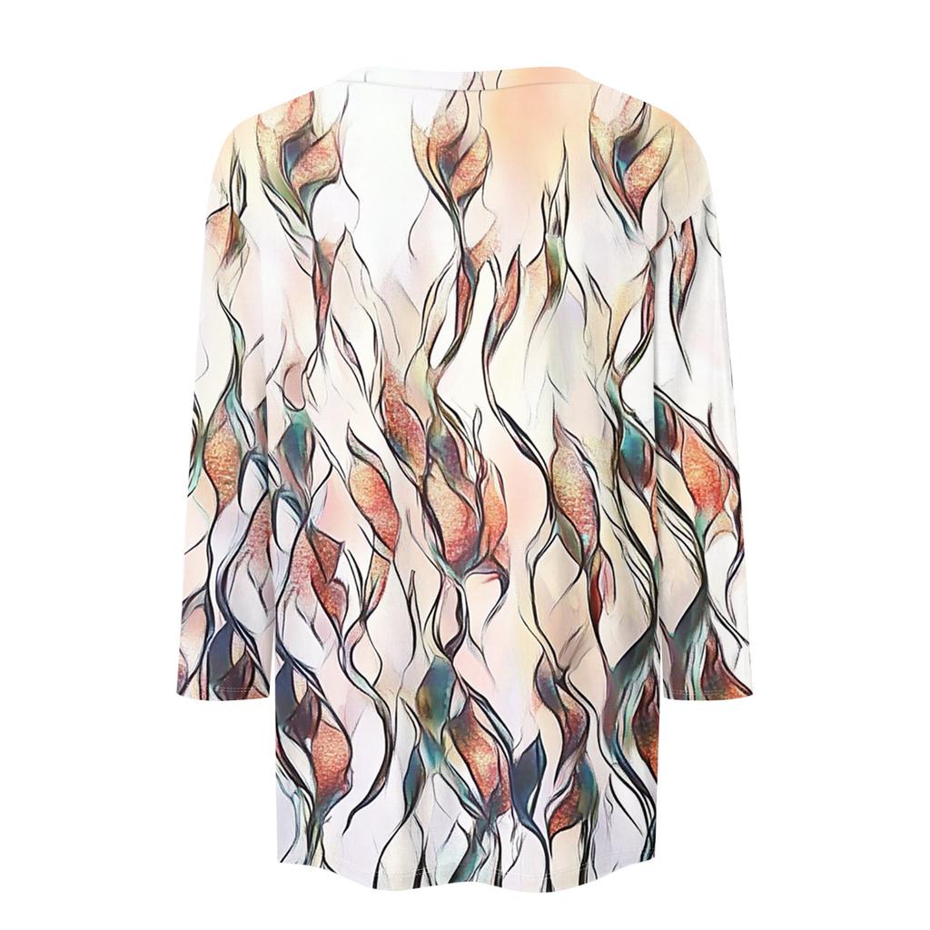 Women's Fashion Casual Three-quarter Sleeve Vintage Floral Print Round Neck Top