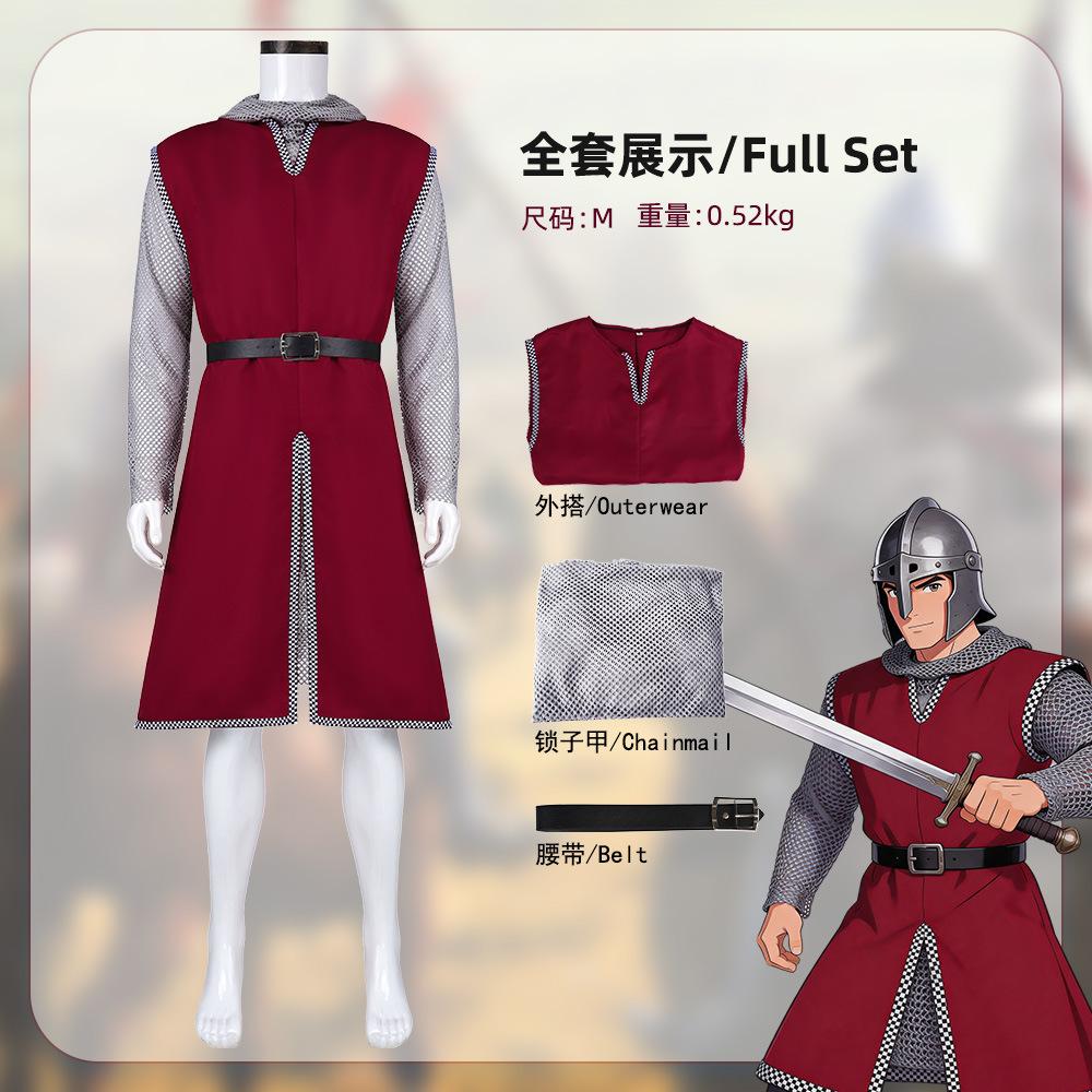 Popular medieval chain mail red knight cos costume halloween cosplay robe set performance costume