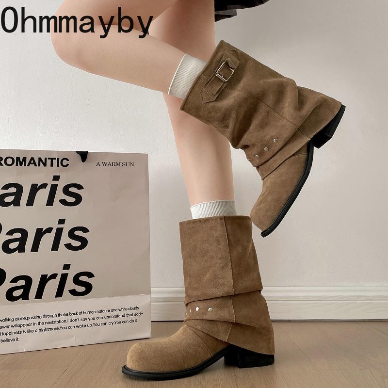 Зимние плиссированные женские западные ботильоны до щиколотки Модные туфли с заклепками и ремешком с пряжкой Женские лаконичные винтажные ботильоны на толстом каблуке