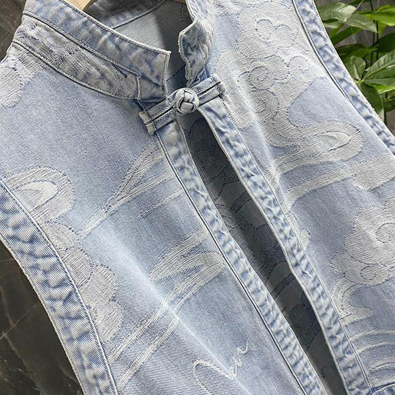 Женский джинсовый жилет без рукавов в китайском стиле в стиле ретро, весеннее и летнее свободное повседневное пальто нерегулярной формы