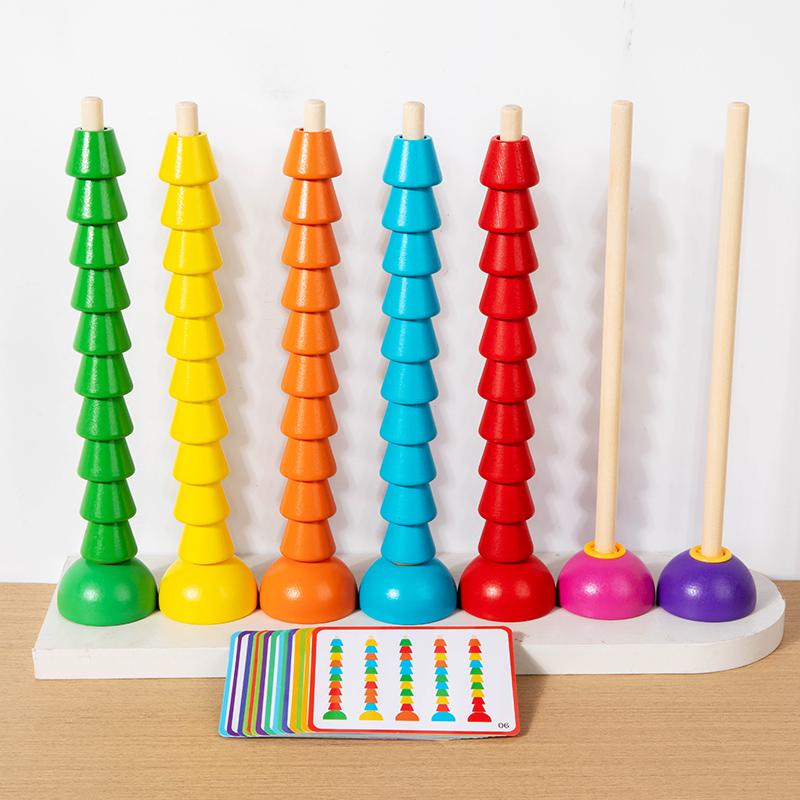Wooden Abacus Stacking Columns - With Beads Sorting Columns And Cards To Exercise Hand-Eye Coordination And Color Recognition