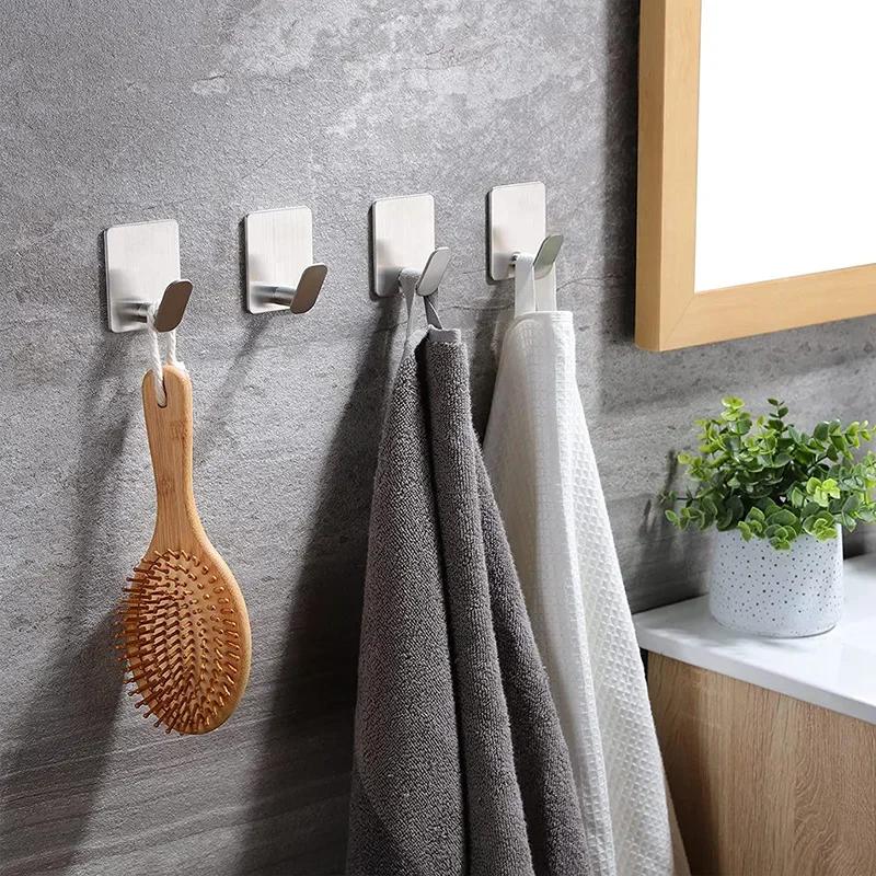 4Pcs Stainless Steel Bathroom Robe Hooks Adhesive Wall Hook Towel Holder Bathroom Kitchen Hardware Multi-Purpose Hanger Hook