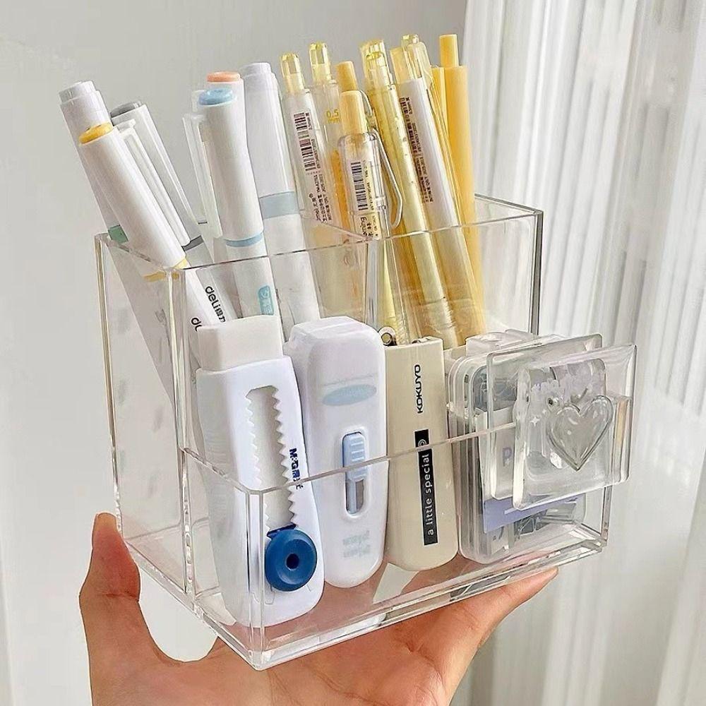 Clear Pencil Storage Box Transparent Stationery Organizer Desk Pen Holder Home Office