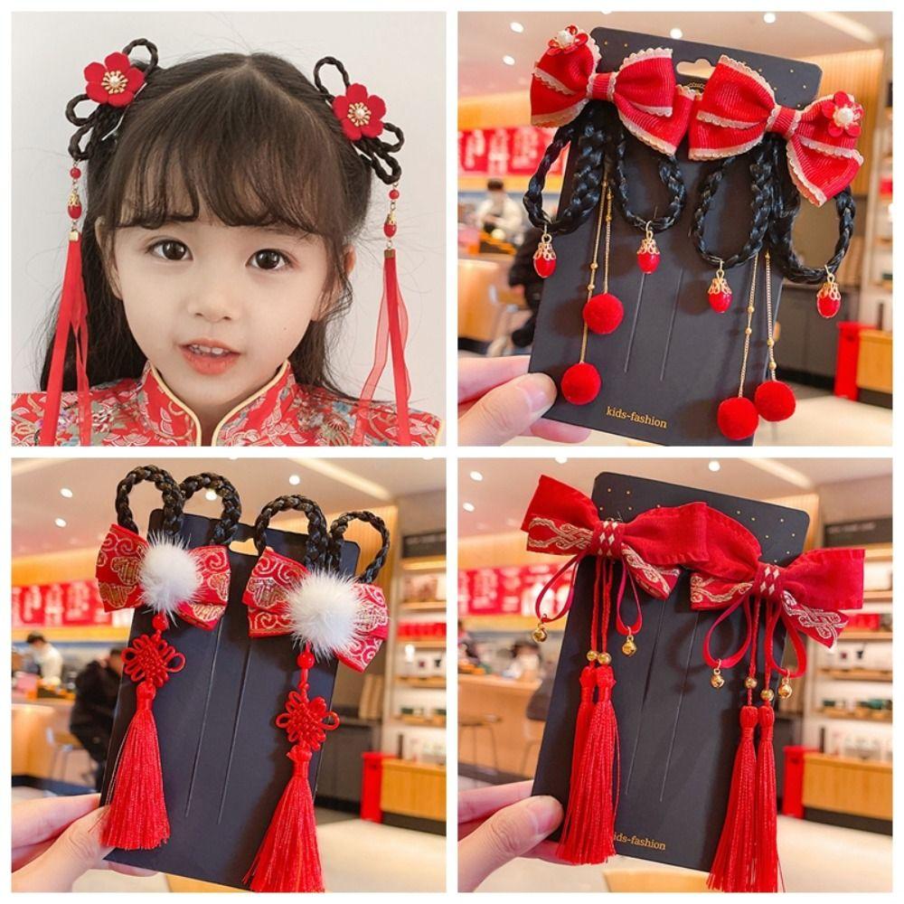 2pcs Tassel New Year Headwear Bow Red Wig Braid Hairpin Traditional Children Hair Clip