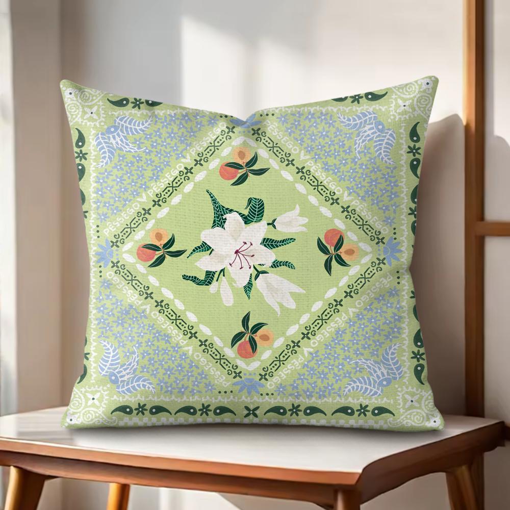 Green retro flowers Cushion Cover Natural Linen Organic Fabric DoubleSided Printing Couch Pillow Covers Home Decor