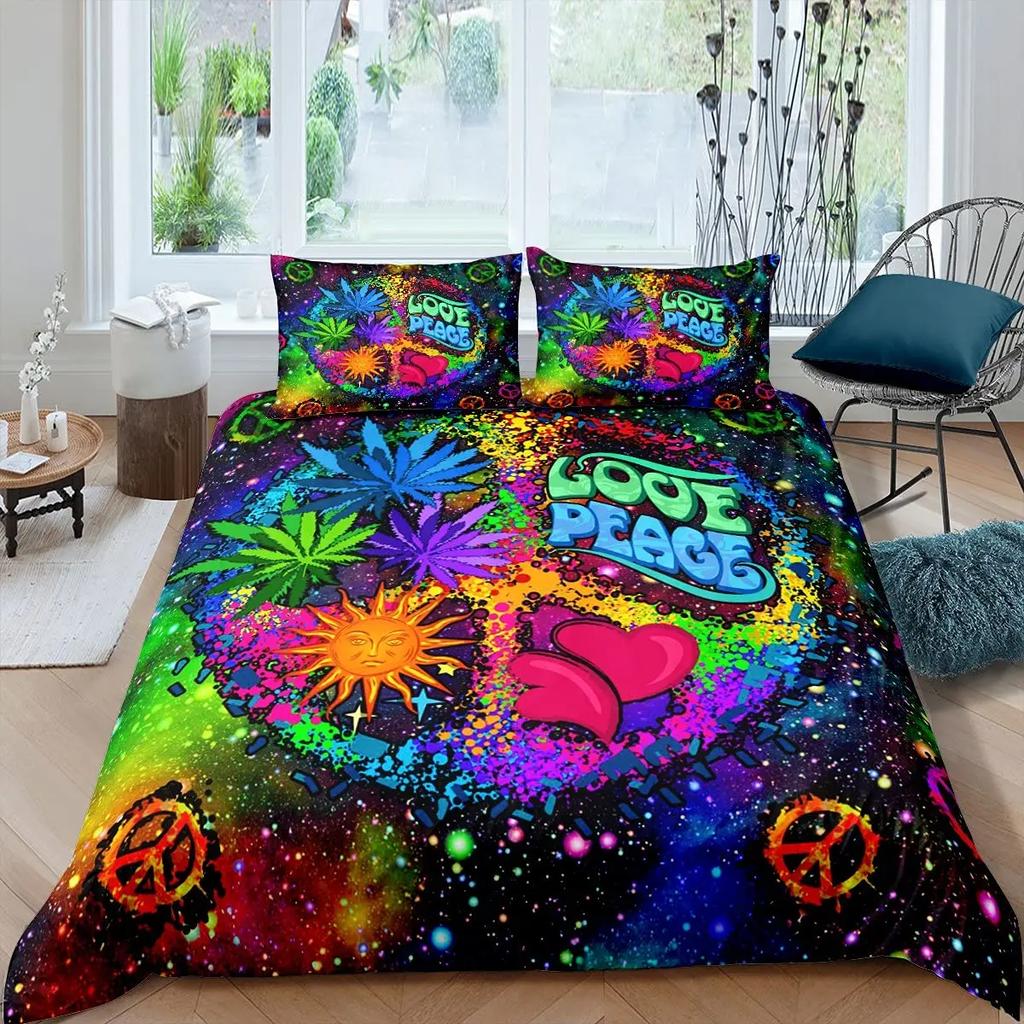 Boho Hippie Psychedelic Flowers Duvet Cover Colorful Peace Sign Bedding for Boys Girls Women Bedroom Decorative Rainbow Tie Dye
