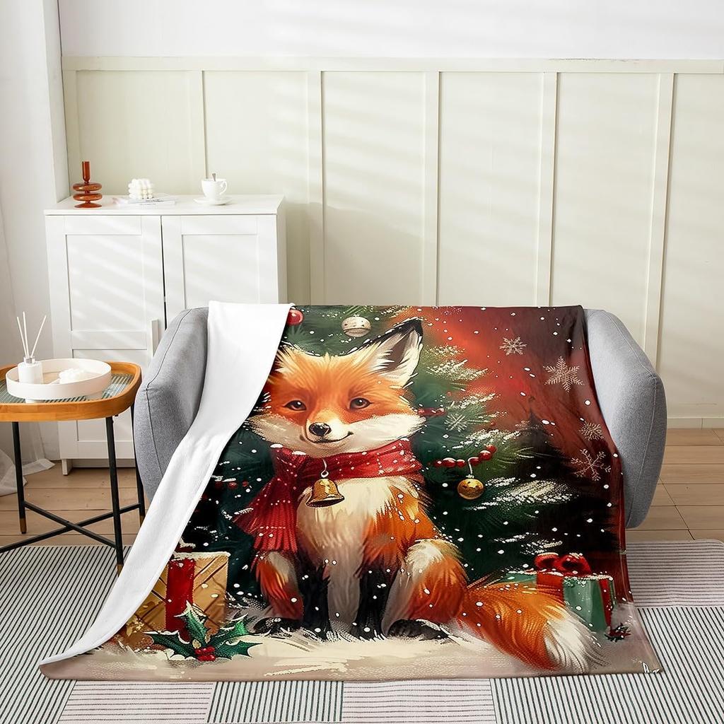 Winter Snowman Throw Blanket Cartoon Farmhouse Rustic Style Flannel Blanket for Kids Teens Adults Watercolor Pine Trees White