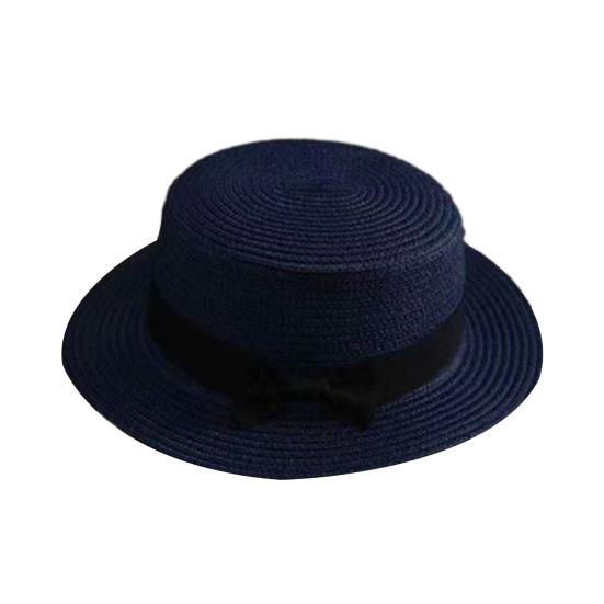 Beach Straw Hat Flat Top Wide Brim Sun Protection Hat with Black Ribbon Bow Hand-Woven Breathable