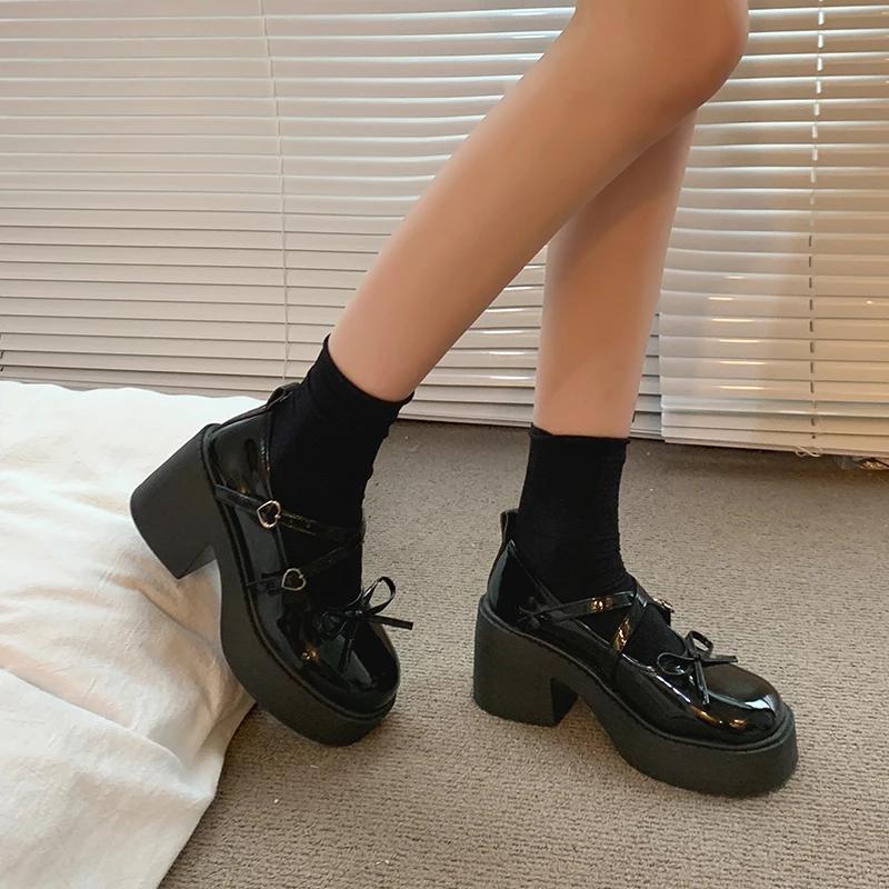 Новые Модные и Универсальные - Однотонные Женские Туфли Круглый Носок Толстый Каблук Декорированные Бантом Ремешок с Пряжкой