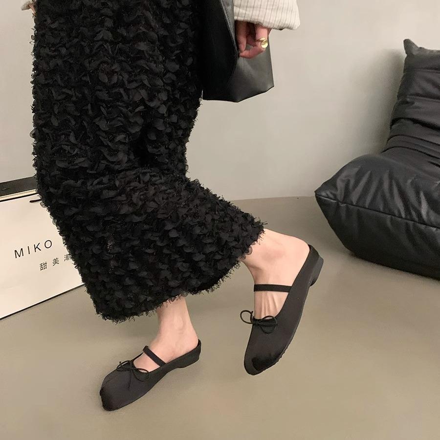 Розовые полушлепанцы с плоским бантом и закрытым носком, женская обувь для носки весной и летом 2024 года, балетки Мэри Джейн