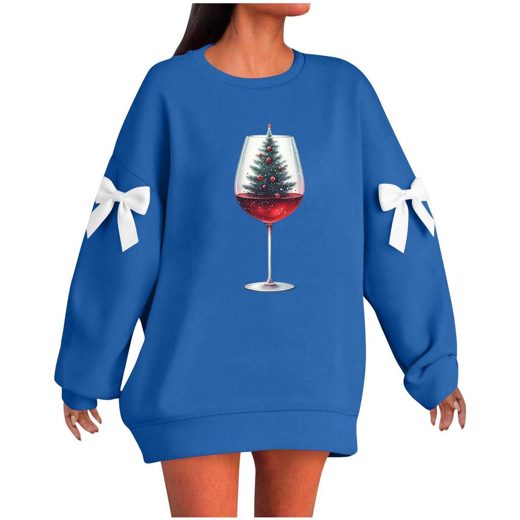 Ladies' Christmas Printed Bow Round Neck Long Sleeved Loose Pullover Sweater Sweatshirt Top