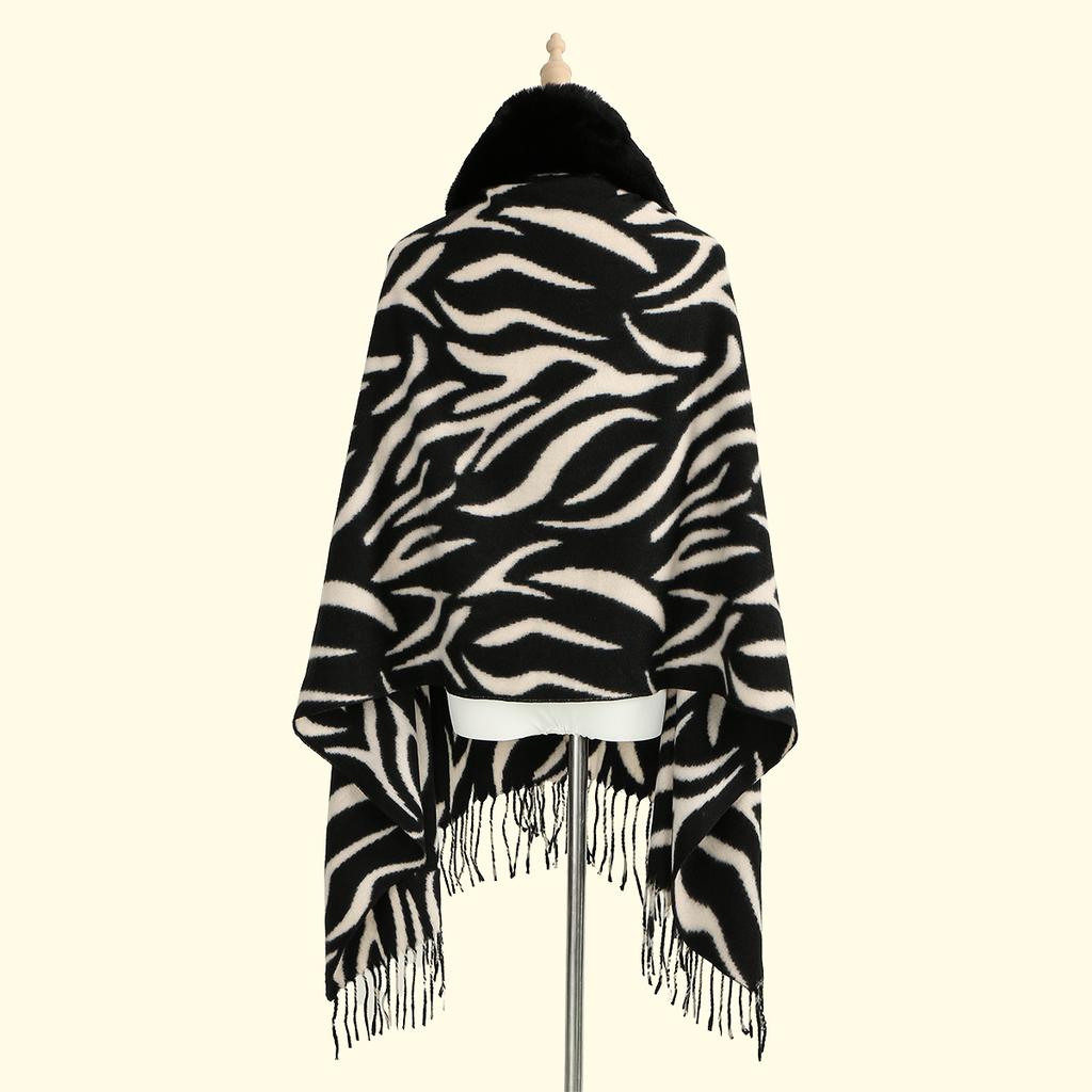 Новый кашемировый платок-шаль с меховым воротником для женщины, теплый платок с кистями, модные длинные накидки, утолщенная пашмина, шарфы с принтом зебры