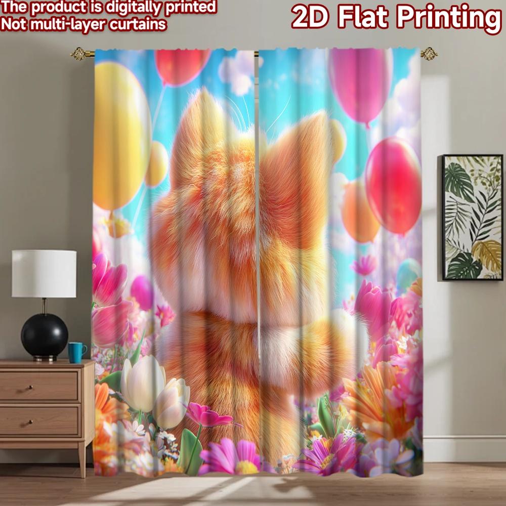 2D flat printing 2pcs Party Curtains Cute Cat Flower Field Easter Digital Printed Polyester Drapes Seasonal Party & Holiday