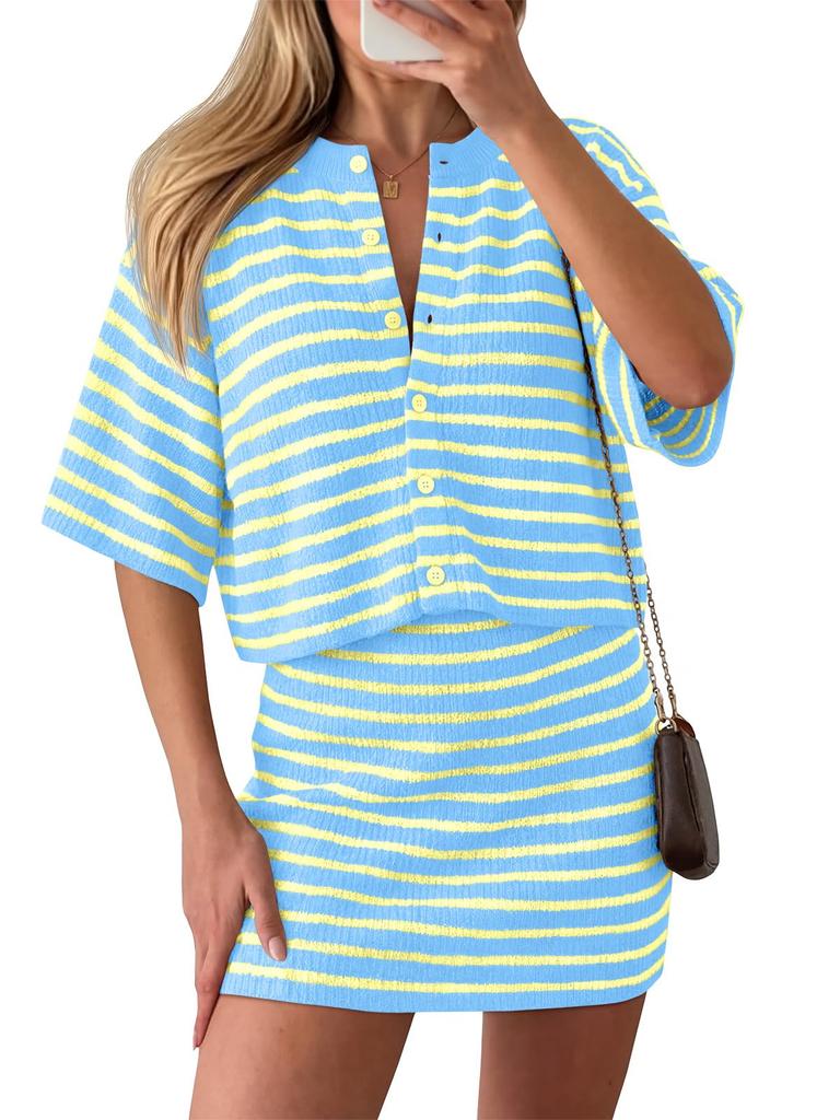 Women's Striped Knit 2 Piece Outfit Short Sleeve Button Cardigan and Mini Skirt