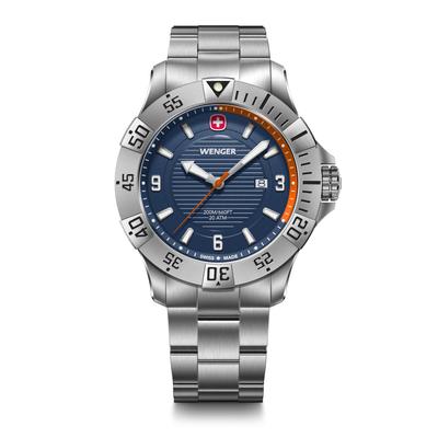 Часы WENGER SEAFORCE, кварцевые, аналоговые, корпус из нержавеющей стали, синий циферблат, браслет из нержавеющей стали, водонепроницаемость 200 м, 3 года гарантии, подарок, синие, мужские