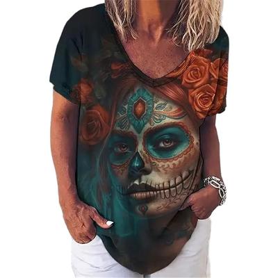 Жен. Ужасный череп Модный пуловер с 3D принтом Подходит для всех сезонов Повседневные С короткими рукавами Полиэстер V-образный вырез Милый