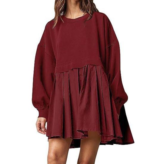 Женское платье Плиссированное платье-свитер с круглым вырезом в стиле пэчворк Свободное платье-свитер с длинными рукавами А-силуэт Большой свободный свитер Мини-платье осень-весна