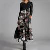 Women's Casual Fashion V-neck Long Sleeve Dress Flower Print Waist Pocket Swing Dress