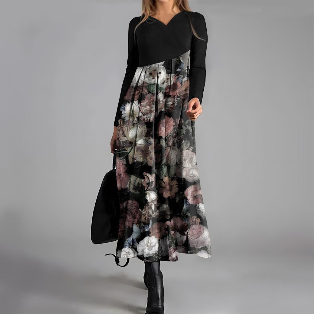 Women's Casual Fashion V-neck Long Sleeve Dress Flower Print Waist Pocket Swing Dress