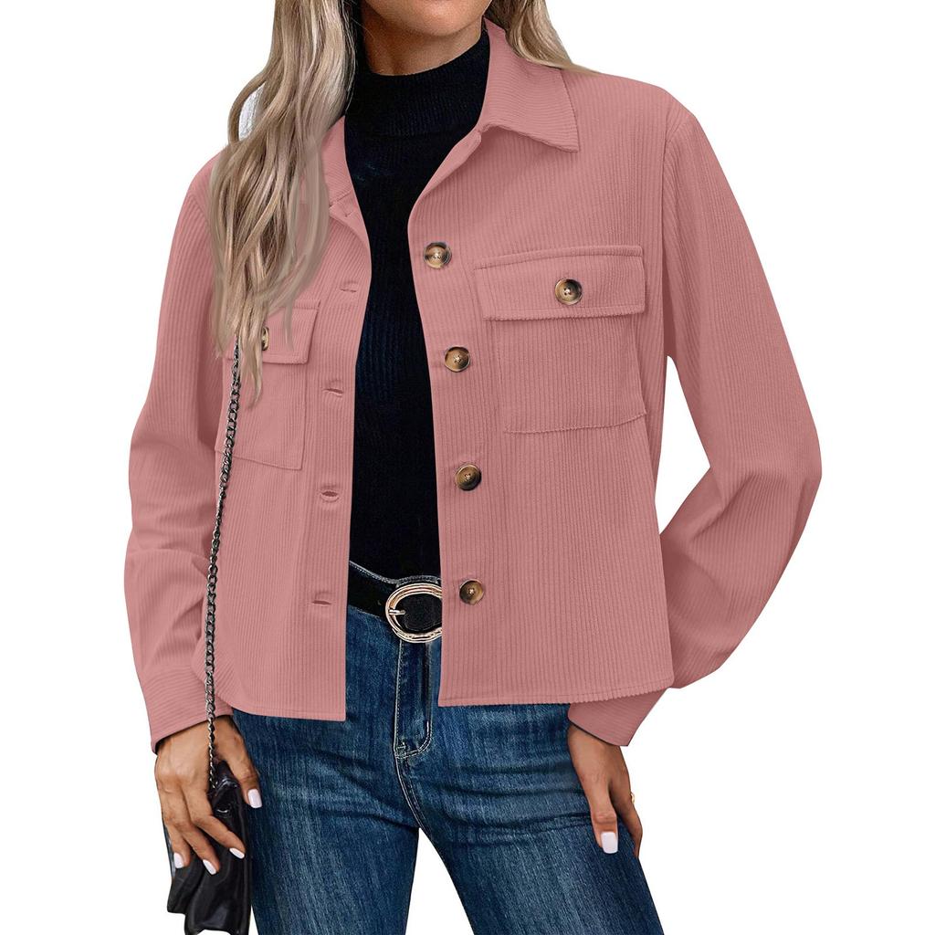 Women's Solid Color Casual Short Corduroy Button Jacket