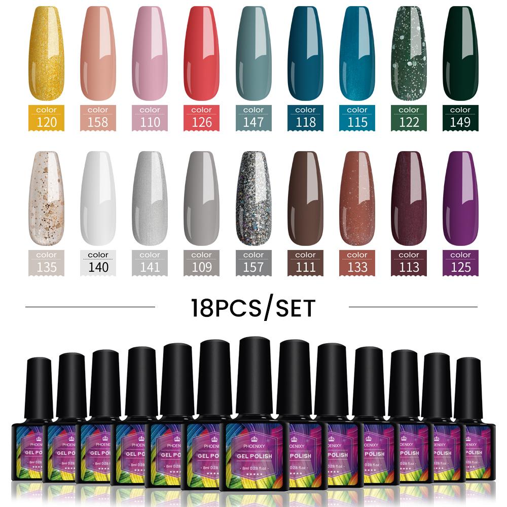 PHOENIXY, 4/12/18 цветов, набор гель-лаков для ногтей, набор гель-лаков для замачивания, маникюр, полупостоянные гибридные лаки, основа и верхний дизайн ногтей