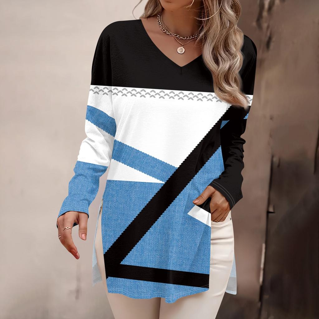 Women's Fashion Long Sleeve Shirts Print Loose Fitted V-Neck Basic Tops Casual Outfits