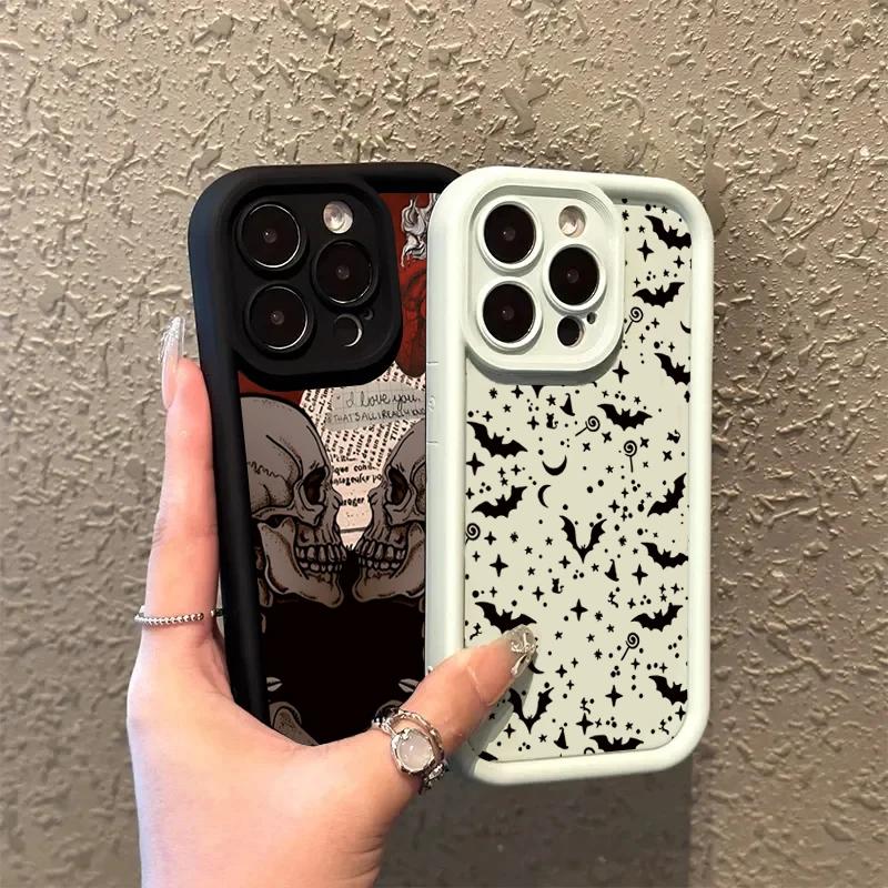 Винтажный Красный Череп с Летучими Мышами Модный Узор Чехол Для iphone 17 16pro 15 13 12 11 13pro max 14plus Силиконовый Защитный Чехол от Падения