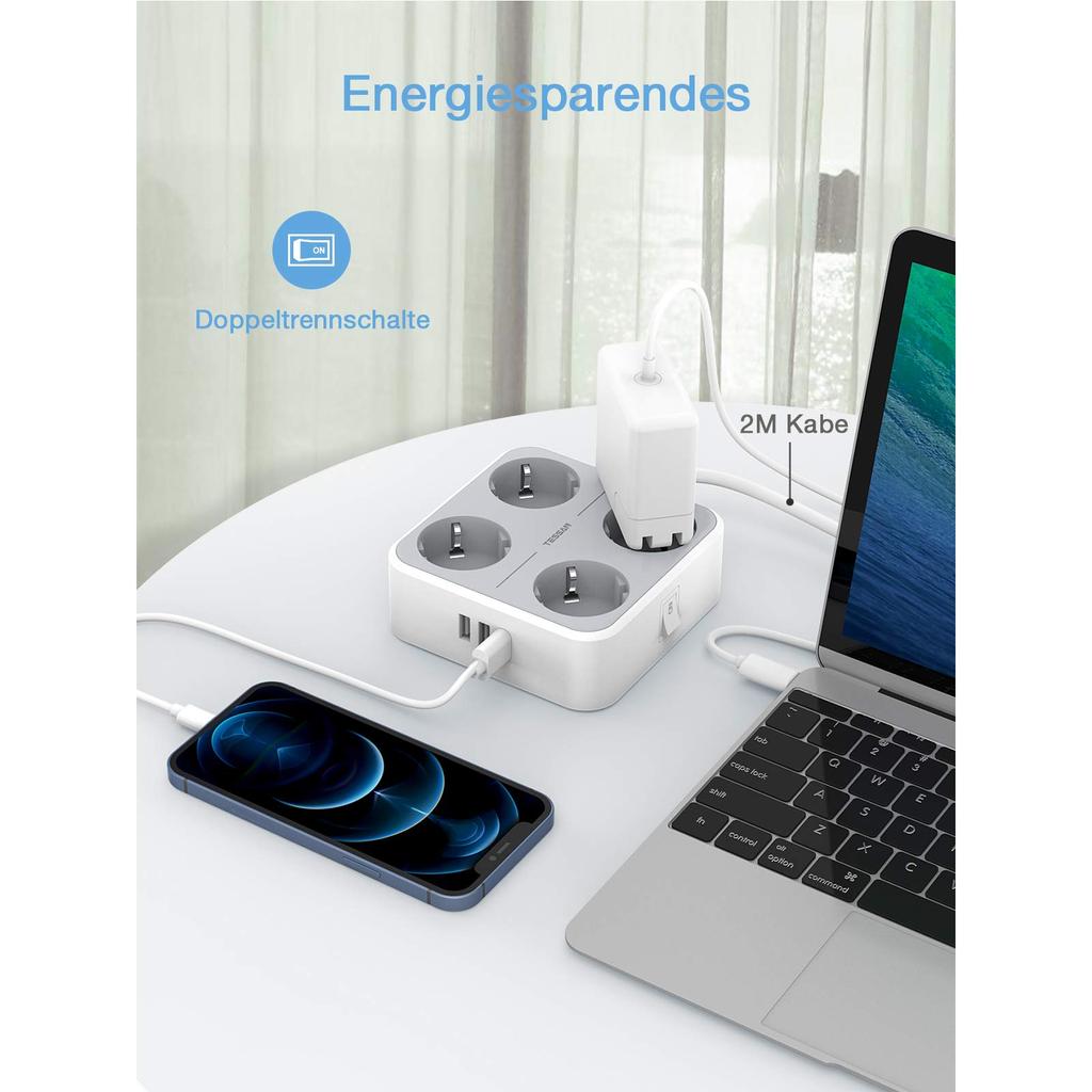 Tessan Удлинитель с несколькими розетками европейского стандарта и USB-портами, удлинительный кабель длиной 2 м, европейская многоконтактная электрическая розетка для дома