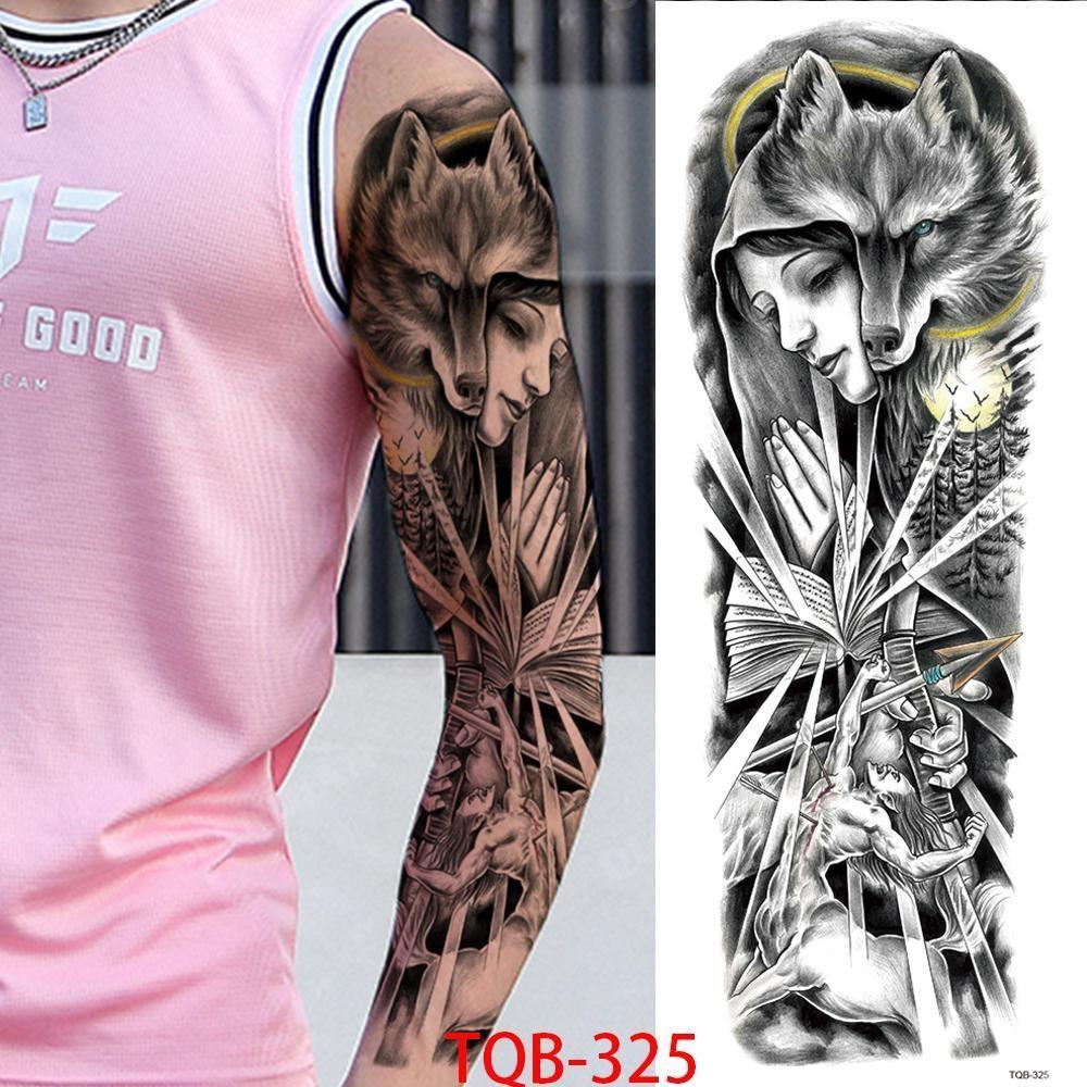 1 PC 480*170MM Large Temporary Tattoos Sleeve for Men Women Full Arm Selleve Tattoos Temporary Realistic Fake Wolf Tiger Lion Tattoo