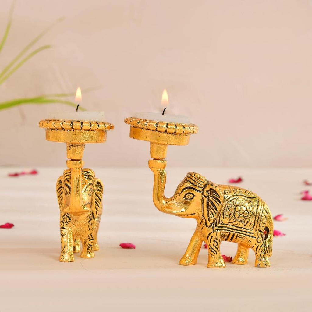 Elegant Metal Elephant Candle Holder Set of 2 - Perfect Home Decoration Diwali, Intricate Design Tealight Candle Holders for Office Decor Home Decor,