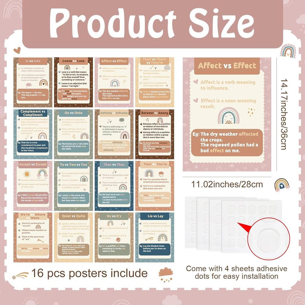 Pajean 16 Часто Путаемых Слов Постер 14 x 11 Дюймов Таблицы Омофонов Декорации для Класса Английского Языка Постеры по Грамматике для Учителя Английского