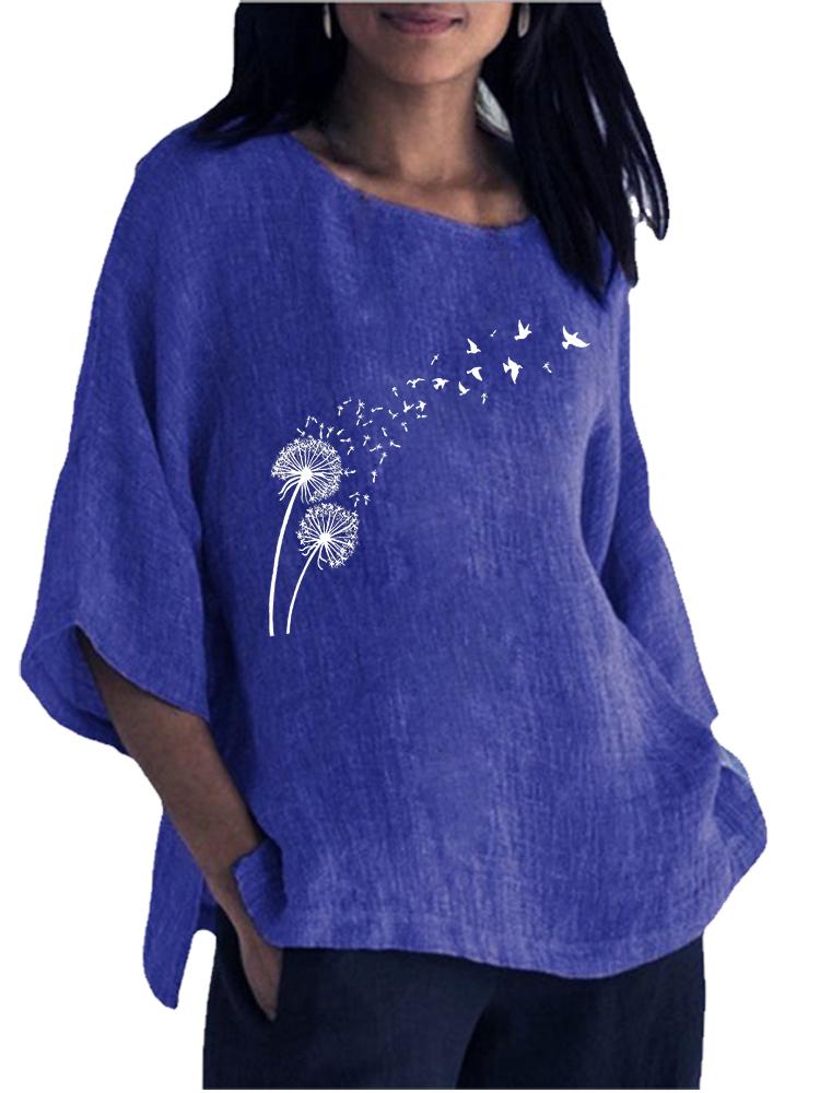 Women Fashion Cotton Linen Blouse Spring&summer Round Neck 3/4 Long Sleeve Shirt Ladies Pullover Loose Tops