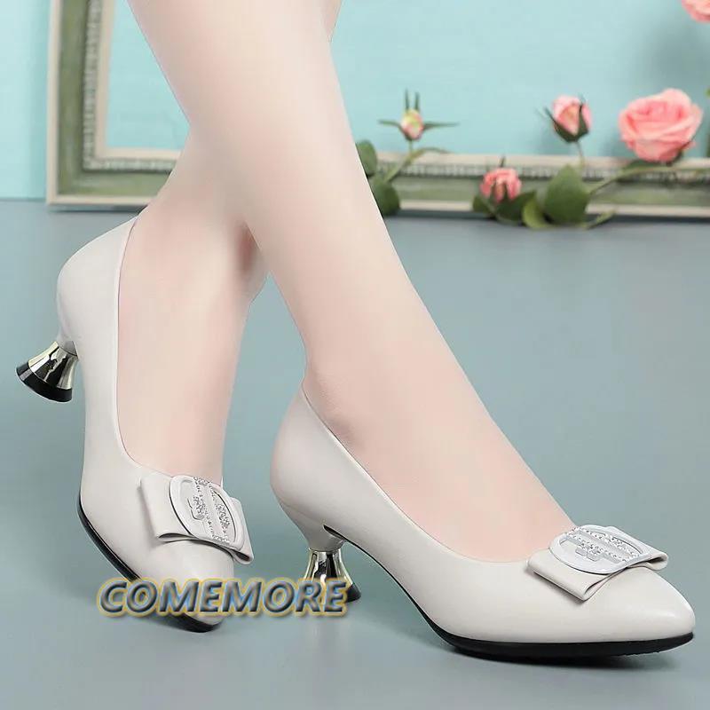 Женская мода весна-лето туфли на высоком каблуке женская повседневная черная мягкая кожа классические нескользящие элегантные рабочие туфли на среднем каблуке