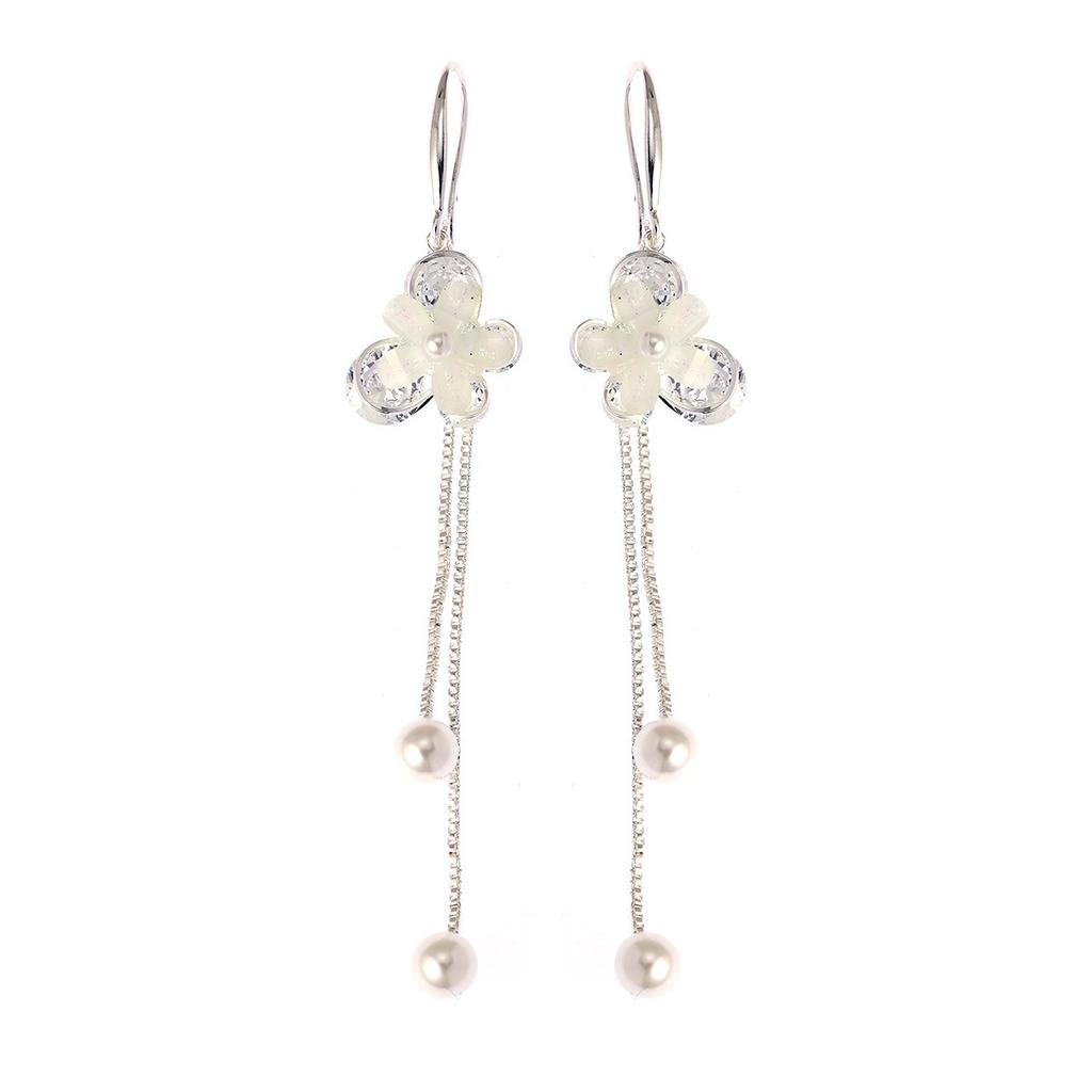 S925 Silver Purple Flower Tassel Hook Earrings Double Layer Chain Artificial Pearl Sweet Romantic Daily Women Fashion Jewelry