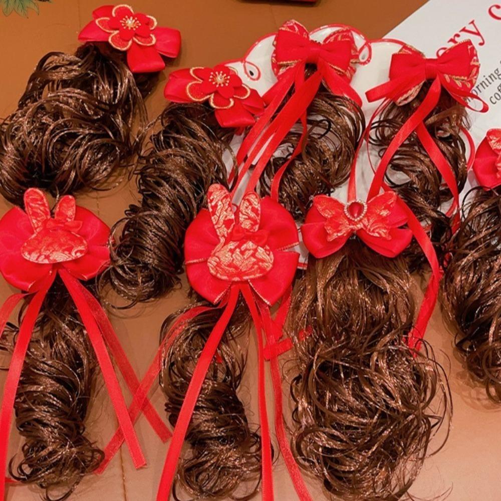 2 шт. детский парик-бантик в китайском стиле, вьющиеся волосы, красная заколка-бантик, новогодняя праздничная