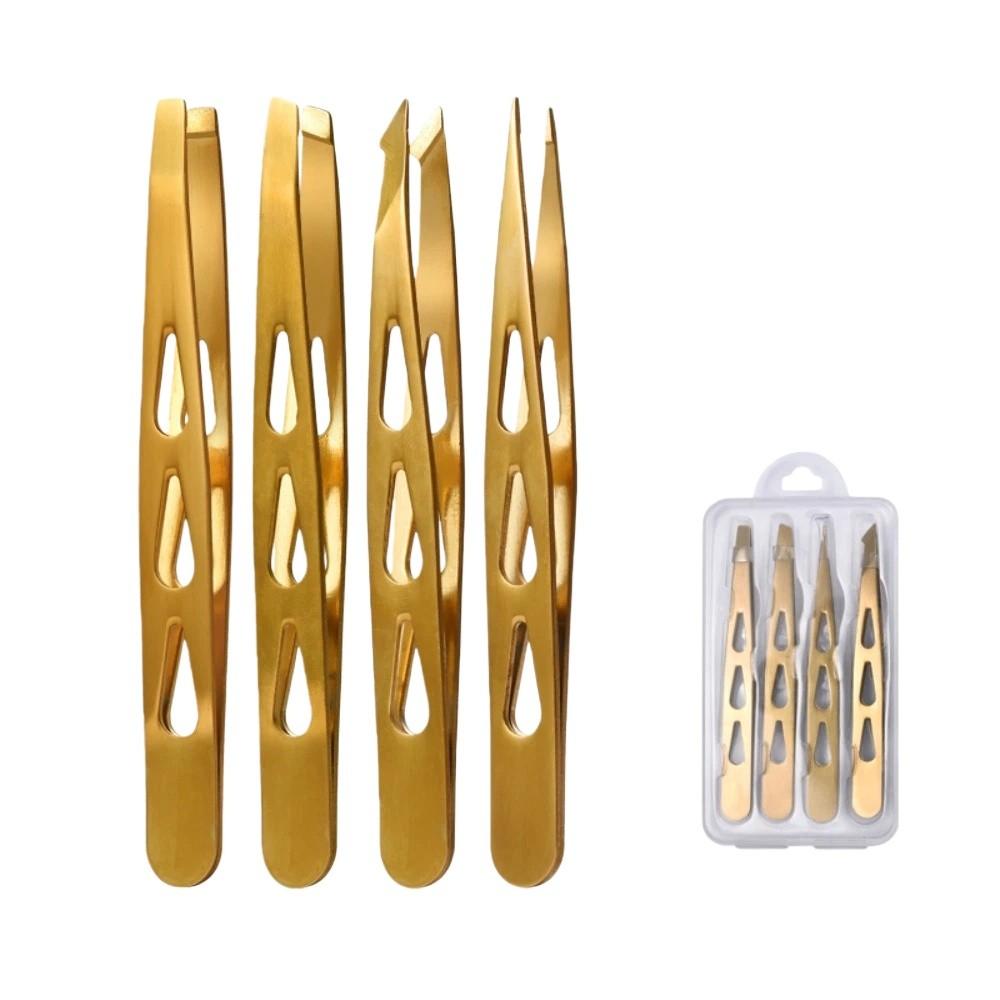 4PCS/Set Stainless Steel Eyebrow Tweezers Oblique Mouth Pointed Tip Beard Tweezers Portable Multifunctional Lash Extension Tool