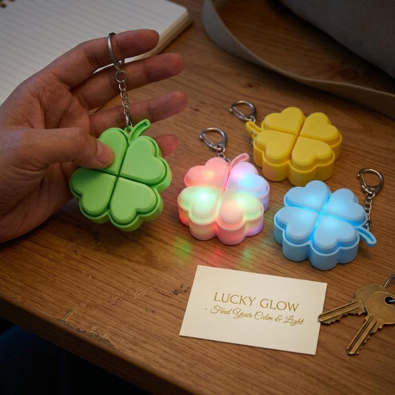 Stress Relief LED Keychain with Four-Leaf Clover Design Clickable Buttons for Everyday Use