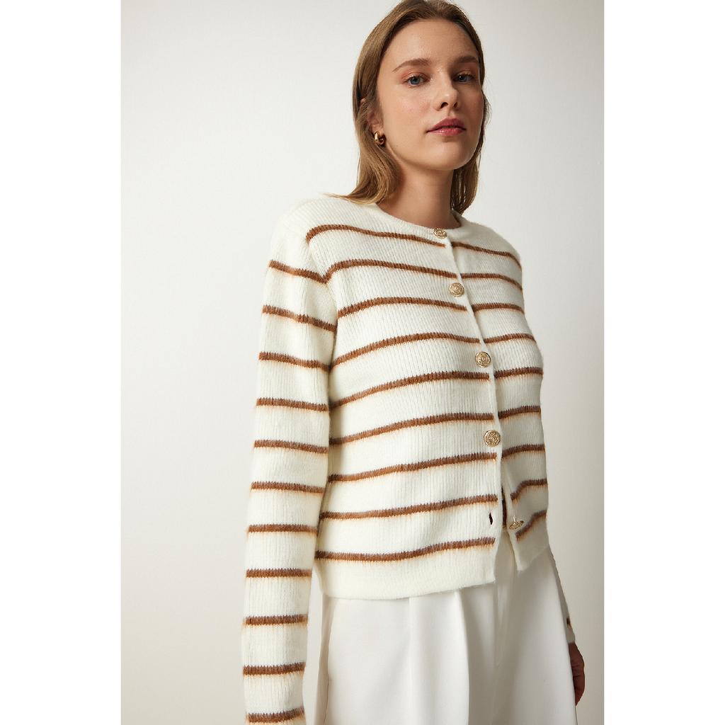 Женский костяной черный стильный трикотажный кардиган в полоску на пуговицах Pf00051