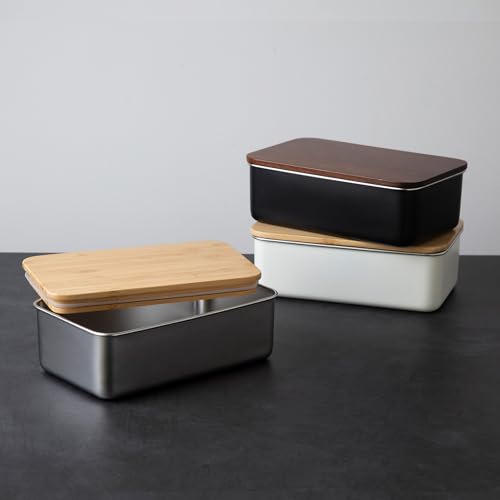 Nonoji Stainless Steel Rectangle Lunch Box, Microwave and Dishwasher Safe, Stylish and Simple, with Natural Wood Lid, Black
