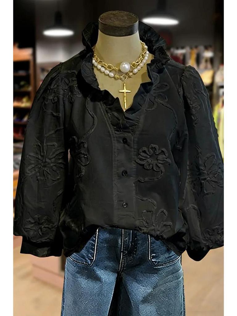 Европейско-американский повседневный женский топ для отдыха с V-образным вырезом, оборками, пышными рукавами и вышивкой