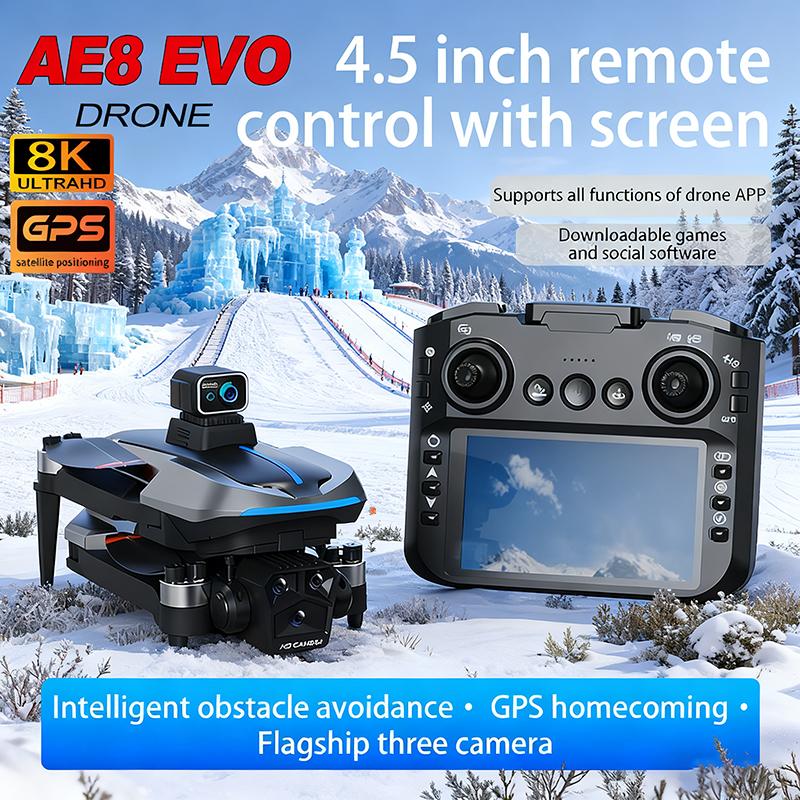 AE8 EVO GPS Drone 8K Professional HD 3 Lens Camera Dron 5G WIFI FPV Brushless UAV with Screen Remote Control RC Quadcopter 360°Obstacle Avoidance Toys